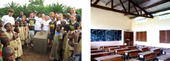 Links: Feierliche Grundsteinlegung in Kpogoudou. Rechts: Die zweite Schule steht