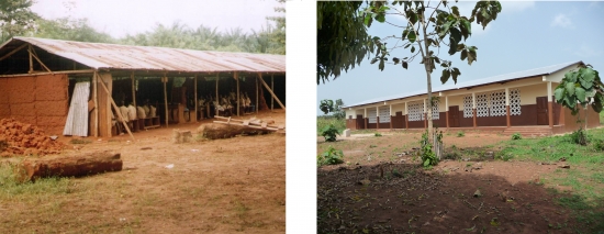 Vorher-Nachher Bild der ersten Grundschule in Benin